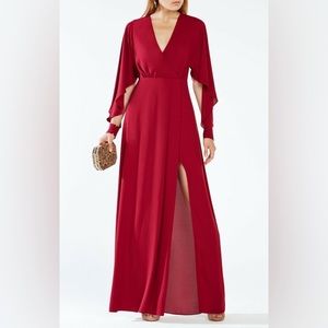 BCBG Mazazria Deep Cranberry Doran Draped-Sleeve Gown